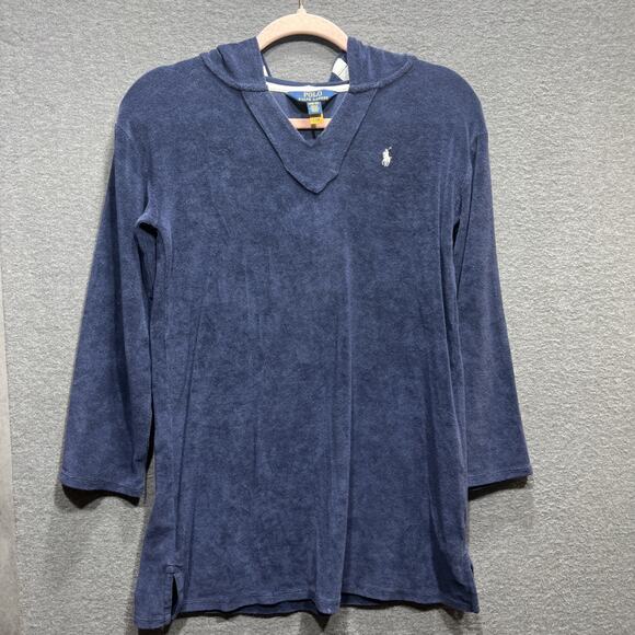 Polo Ralph Lauren Hooded Terry Sweatshirt Stretch Blue Womens Size M 8/10 - Picture 3 of 12